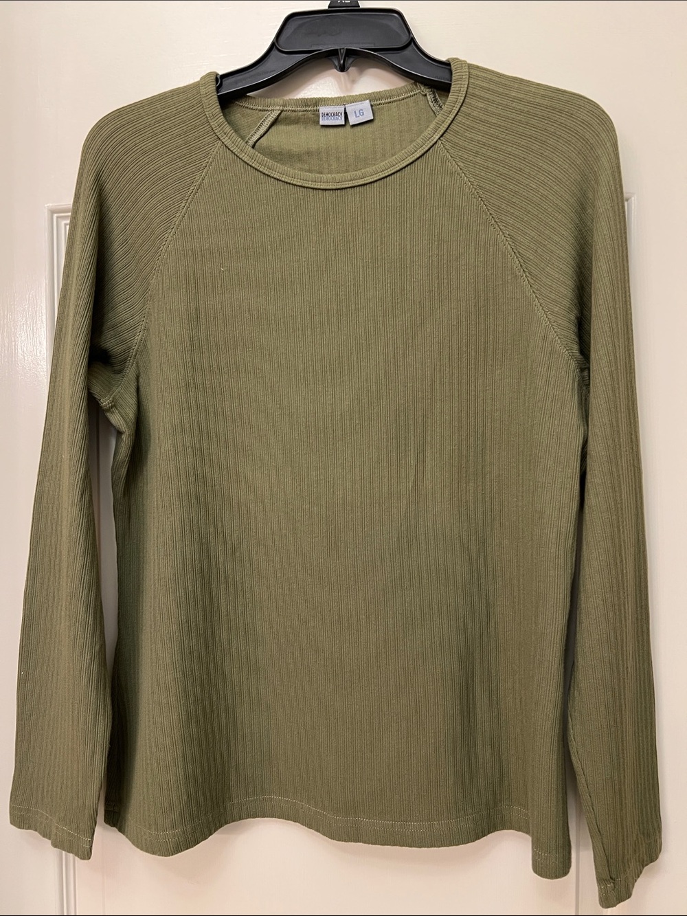 Democracy Olive Green Crew Neck Ribbed Long-Sleeve Top